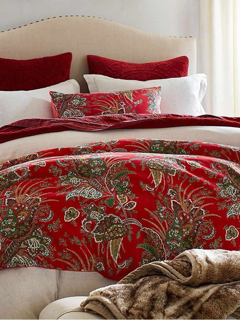 Set of 2 Pottery Barn Adela Velvet Print Euro Shams red paisley design cotton